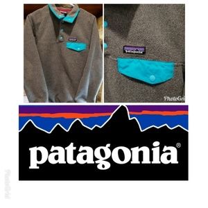 🍃Patagonia Grey & Tourquise LOGO fleece Pullover